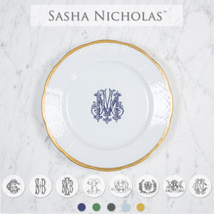 Sasha Nicholas White Weave Gold Trim Salad Plate with Monogram